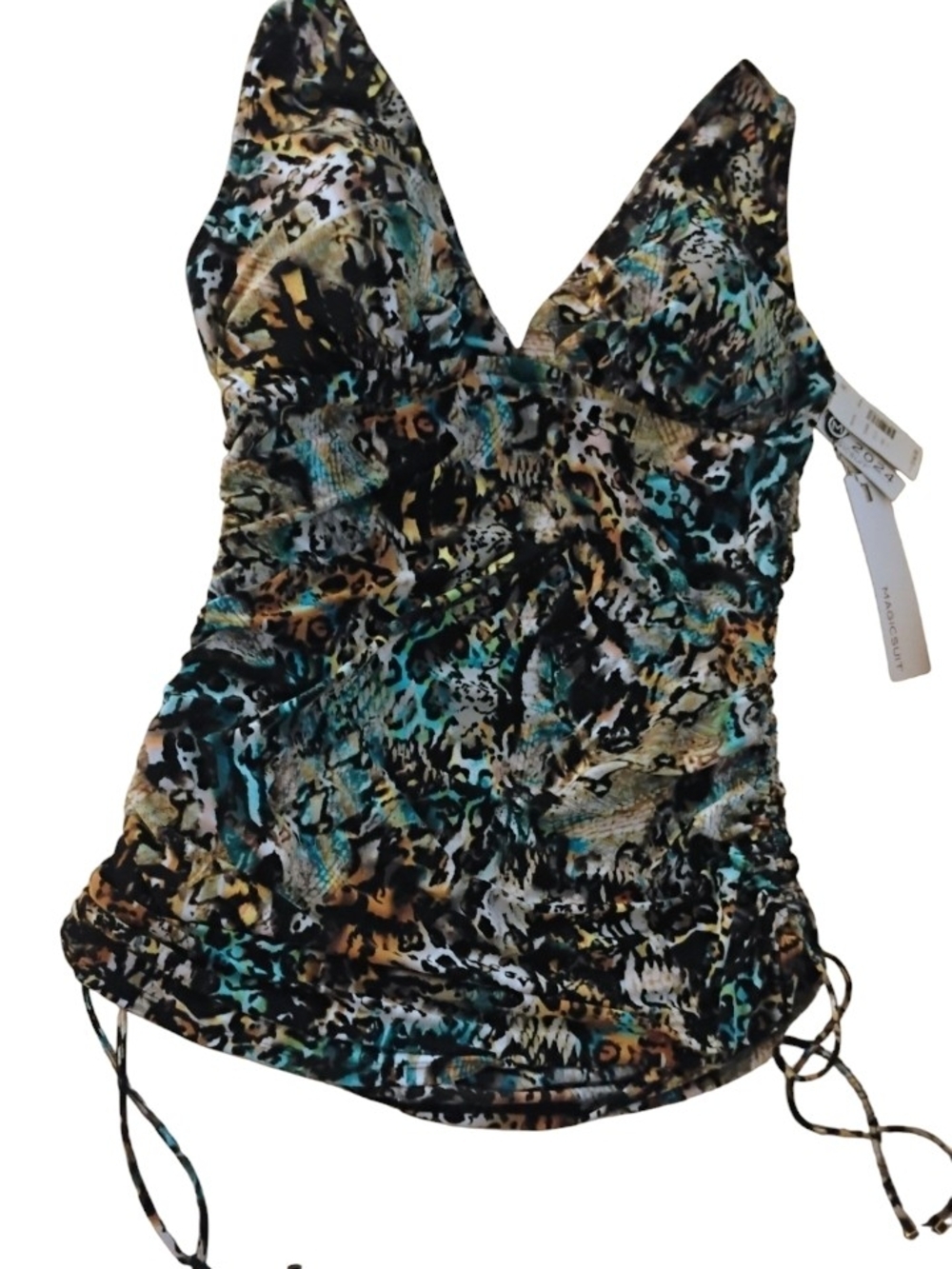 Magic Suit Ruched Leopard-Print V-Neck Tankini Top in Teal & Brown SZ 14 NWT